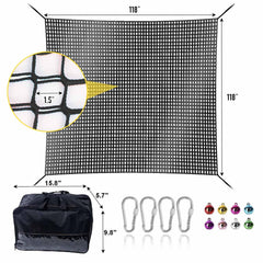 LPIW climbing net kit includes carabineers, bells, rope, and storage bag for easy setup.