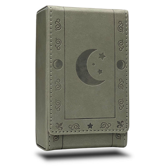 Luck Lab leather tarot case in grey with moon design, keeps decks secure when closed
