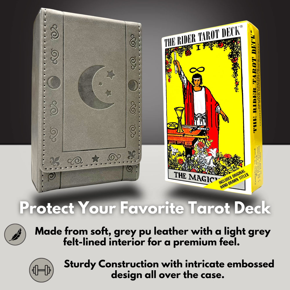 Luck Lab leather tarot case in grey with moon design, open view shows soft interior protection