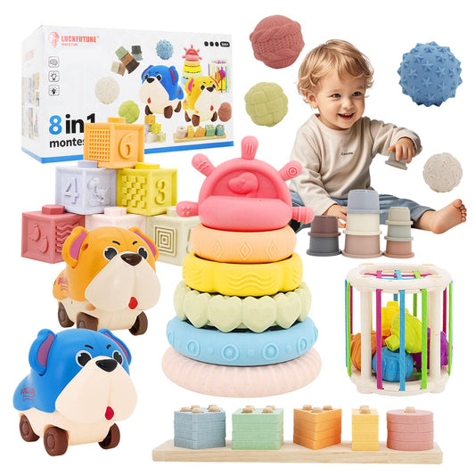 LUCKFUTURE 8-in-1 Montessori toy set with stacking blocks supports color and shape recognition.