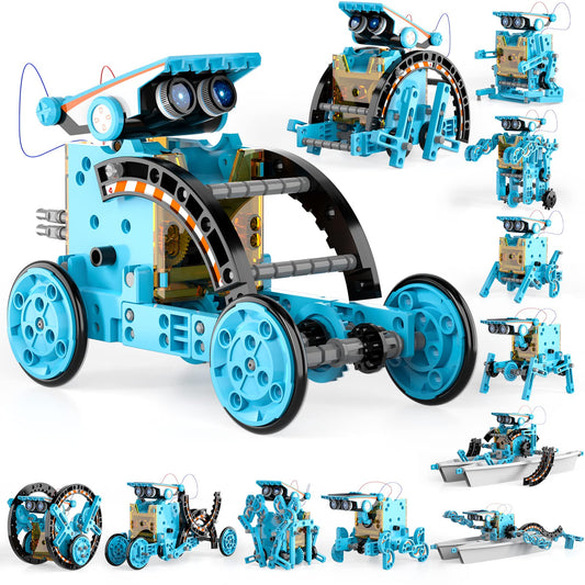 Lucky Doug 12-in-1 STEM Solar Robot Kit cover image showing colorful parts for hands-on learning.