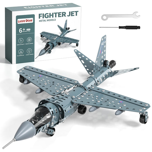 Lucky Doug model airplane jet set parts close-up for hands-on STEM exploration.