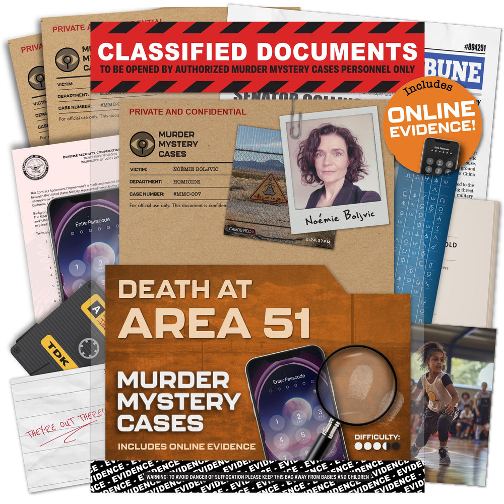 Lucky Egg Area 51 murder game board with clues for solo play.