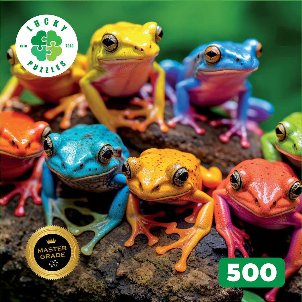 Lucky Puzzles Frogs Rainbow Rendezvous 18x24 inch layout, ideal for solo or group puzzling sessions.