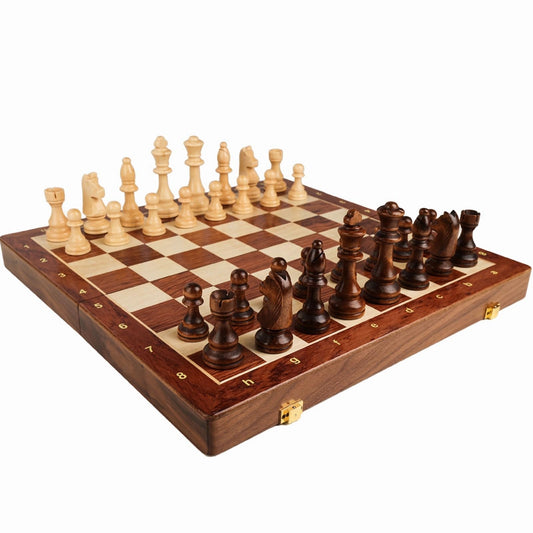 LuckyWish 15-inch walnut chess set with storage board open for game play and organization