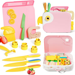 Lullulii Montessori kitchen tools pink storage box view, supports organized real cooking for kids.