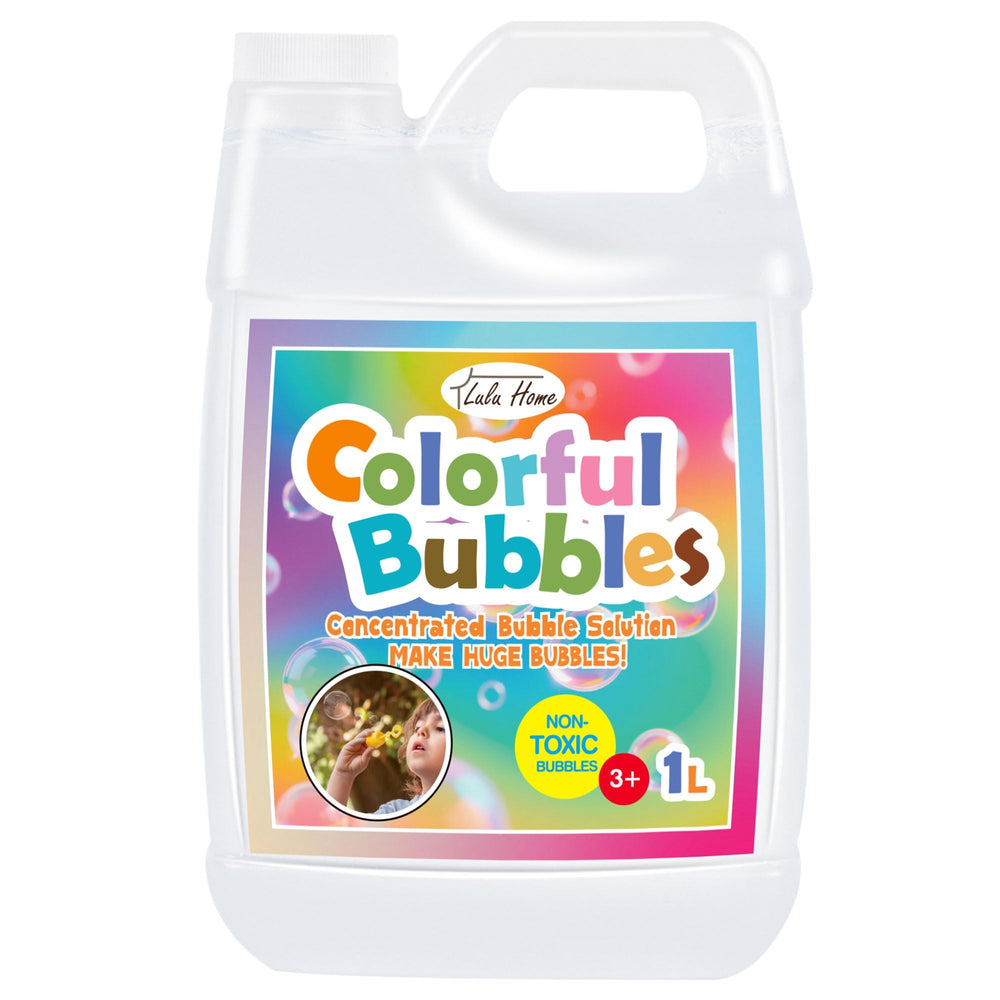 Lulu Home concentrated bubble solution bottle close-up for safe, kid-friendly refills.