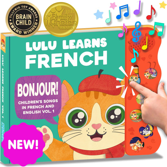 Lulu Learns French book cover with interactive songs for early language exposure.