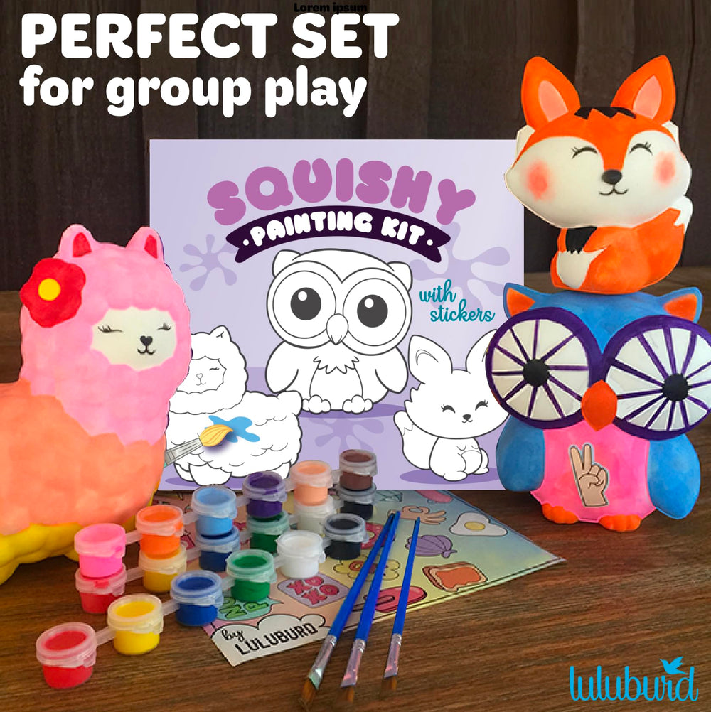 luluburd Paint Your Own Squishy Kit Packaging emphasizes mess-free craft time.