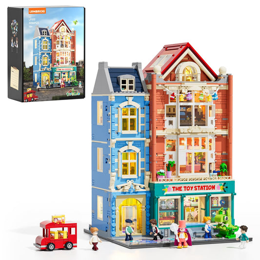 Lumibricks city townhouse front view with inviting lighting for display.