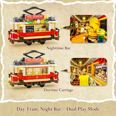 Lumibricks Heritage tram driver cabin reveals daylight detail for realistic play.