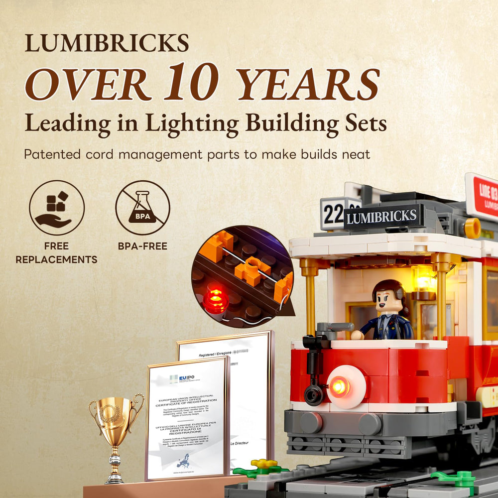 Lumibricks Heritage tram at night uses warm lighting for a cozy city vibe.