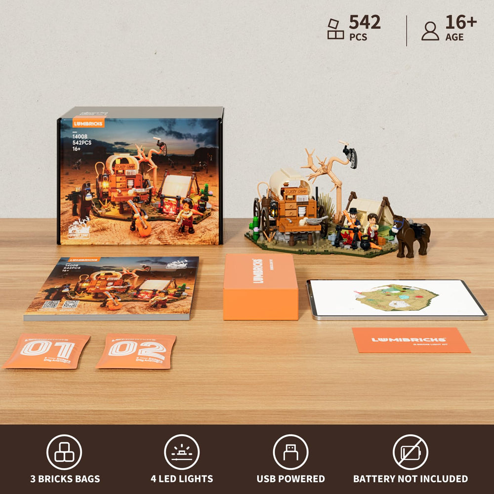 Lumibricks iron rimmed wagon wheels enable rolling wagon scenes.
