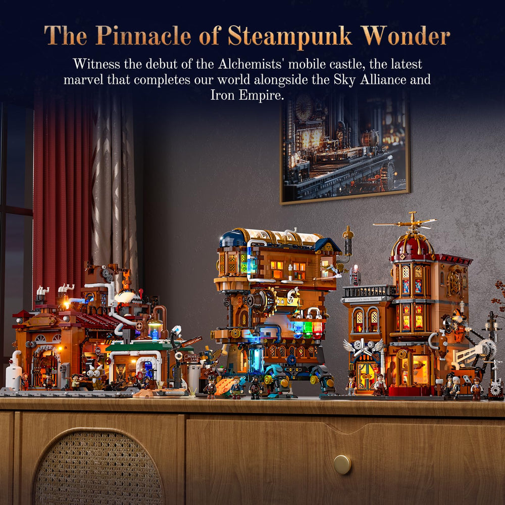 Lumibricks Mecha-Alchemist crank-driven chimney animates subtle smoky movement.
