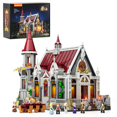 Lumibricks medieval castle banquet hall LED lighting creates vivid stained-glass illumination.