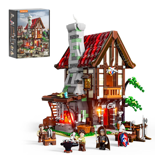 Lumibricks Medieval Forge House front view showing authentic brickwork for display