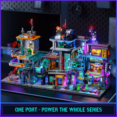 Lumibricks modular lighting system powers the neon city via USB.