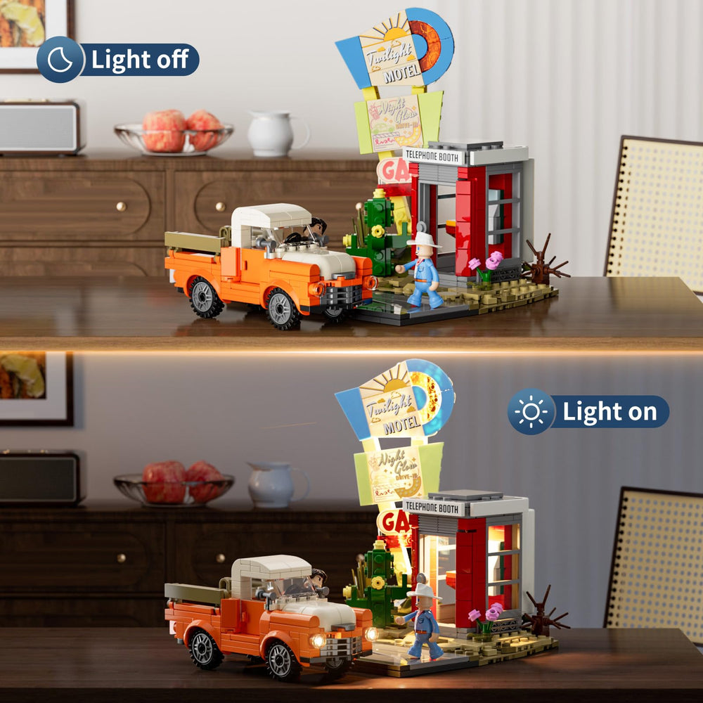 Lumibricks retro roadside scene captures travel memories on a compact, portable display.