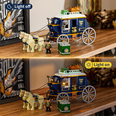 Lumibricks stagecoach night lighting kit demonstrates dramatic illumination for realistic night missions.