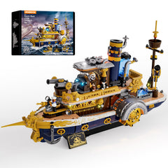 Lumibricks Steampunk Steamship bow lights illuminate the ship's silhouette for dramatic display