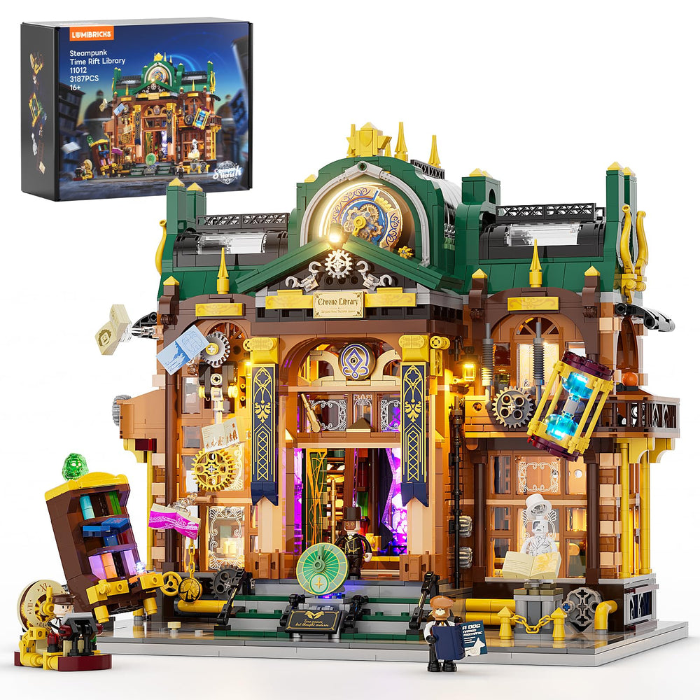 Lumibricks Steampunk Time-Rift Library front view highlights ornate Victorian details and collectability.