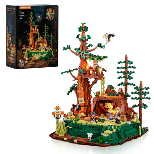 Lumibricks Western Sequoia Bandit Outpost with towering sequoia tree for dramatic display.