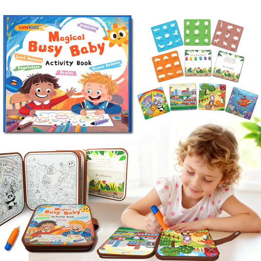 Lumikidz water painting book open; colors appear with water for mess-free creative play.