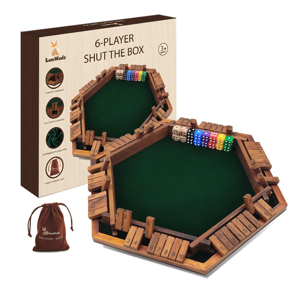 LumWuds Shut The Box game box on table for family fun nights.