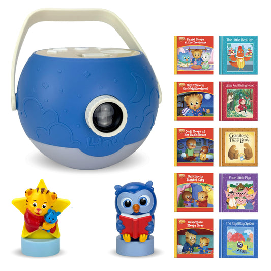 LUNA STORYTIME Daniel Tiger projection on wall for screen-free storytelling.