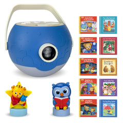 LUNA STORYTIME Daniel Tiger projection on wall for screen-free storytelling.