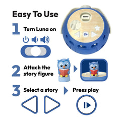 LUNA STORYTIME portable projector powered by USB-C or batteries.