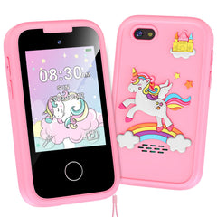Luoba kids phone pink front view, beginner-friendly touchscreen for learning.