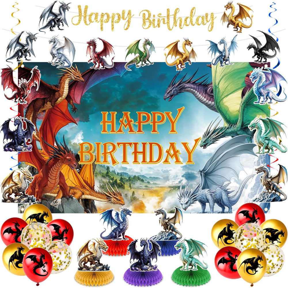 LUUFILx dragon birthday backdrop in blue and gold for a dramatic party focal point.