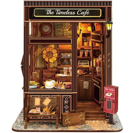 Luuwik Timeless Cafe Book Nook with LED lighting glows warmly on a shelf