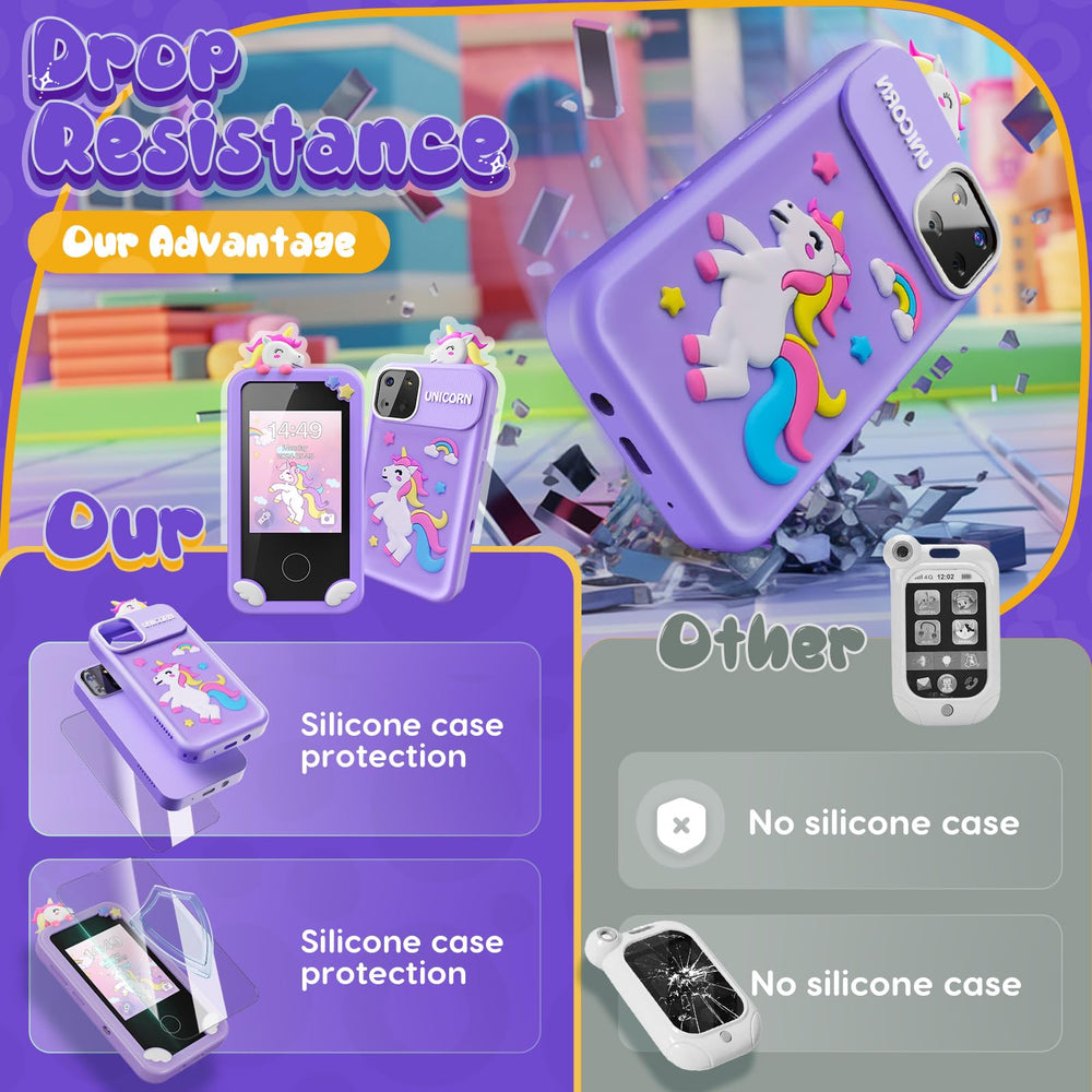Luyiilo unicorn phone games highlight 16 learning activities for cognitive play.