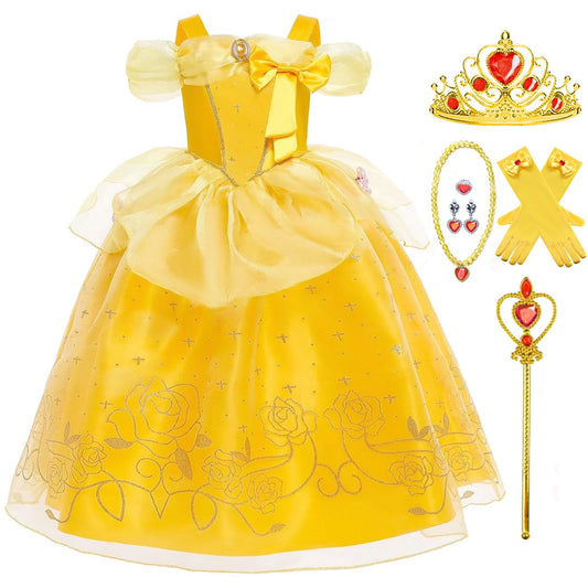 Luzlen Princess Dress yellow gown with crown, ideal for dress-up and imaginative play.
