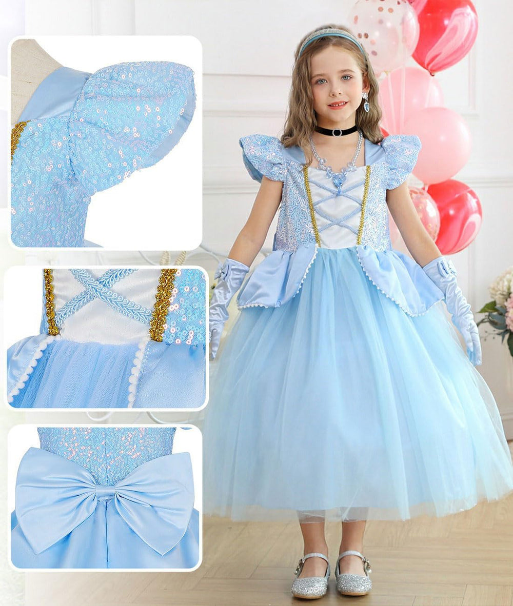 Luzlen dress highlights blue gems and shimmering sequins on bodice.