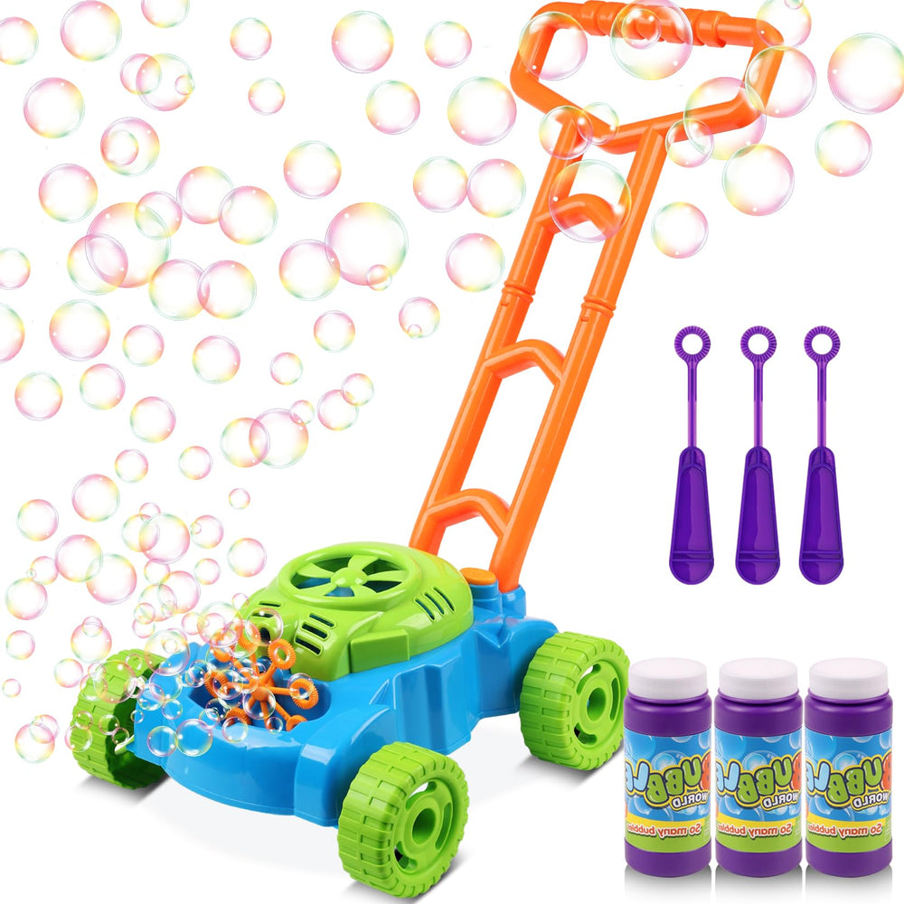 Lydaz bubble lawn mower for toddlers, bright push toy encouraging outdoor pretend play.