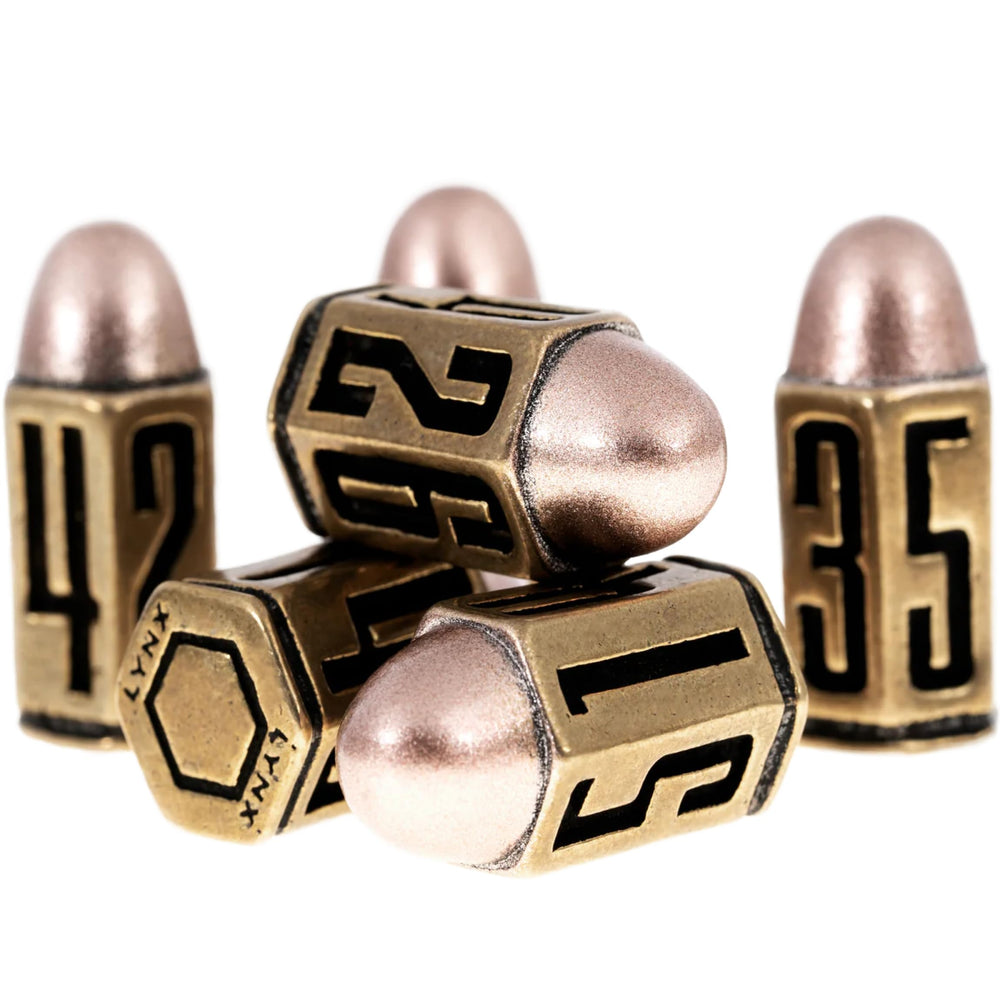 Lynx Bullet dice 6-pack in metal storage box for travel and storage.
