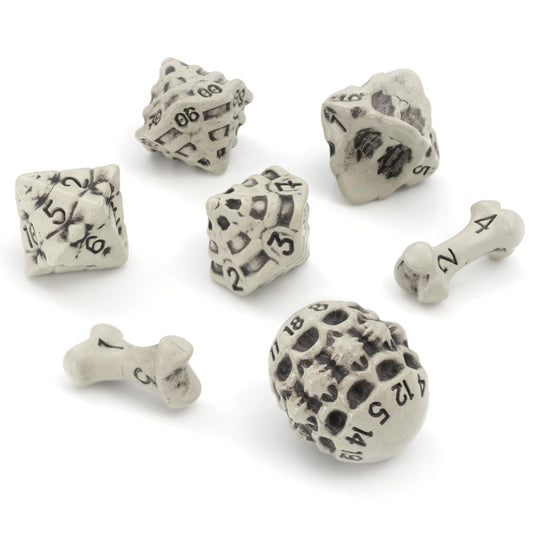 LYNX Skull & Bone dice in white finish with color-wash for authentic RPG flair.