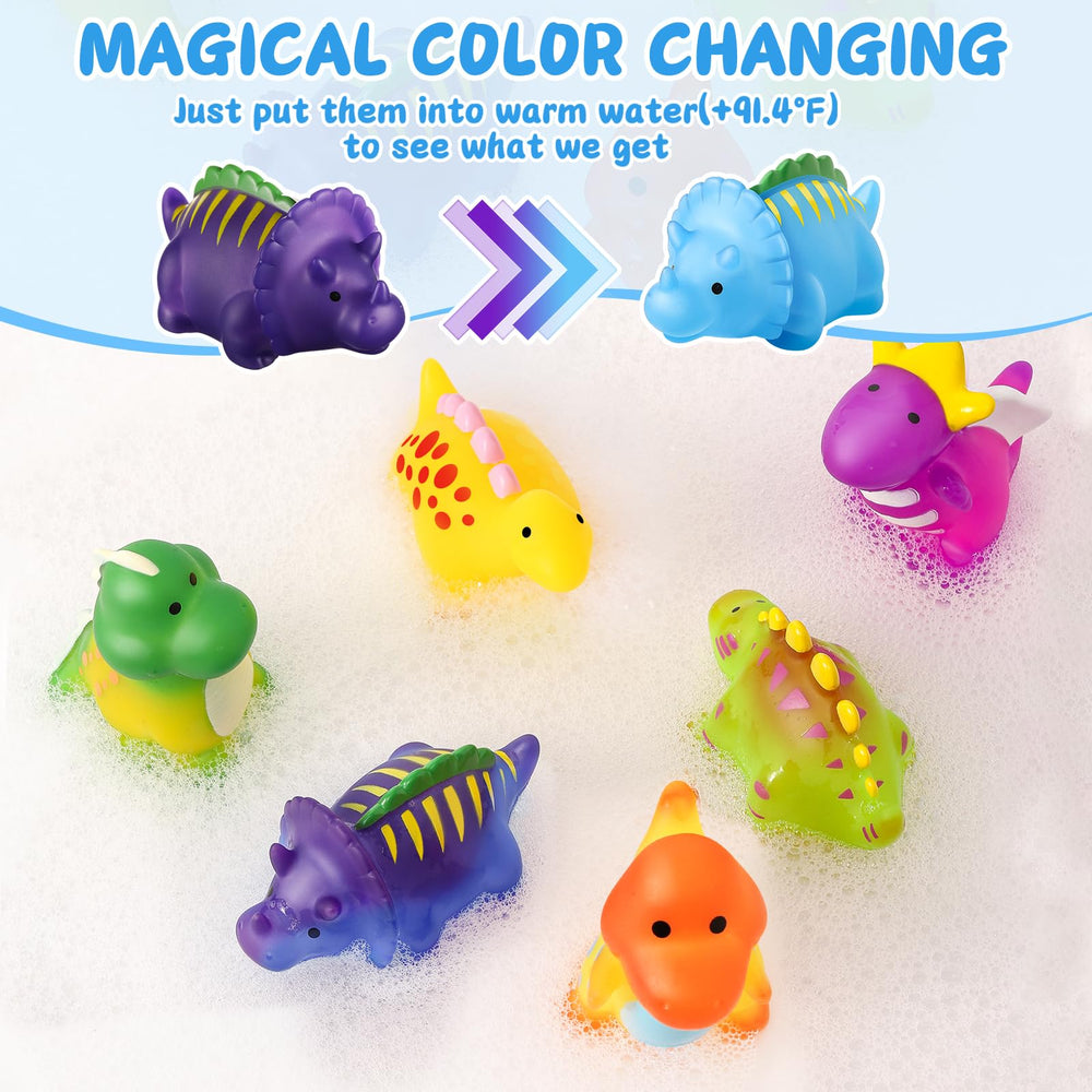 MACALOCA color-changing dinosaur bath toy demonstrates color shift during warm baths for sensory exploration