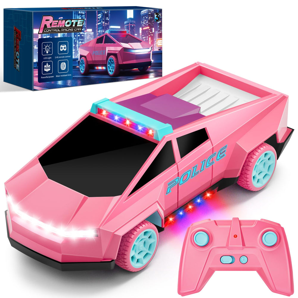 MACALOCA pink police RC truck front view with LED lights for night play