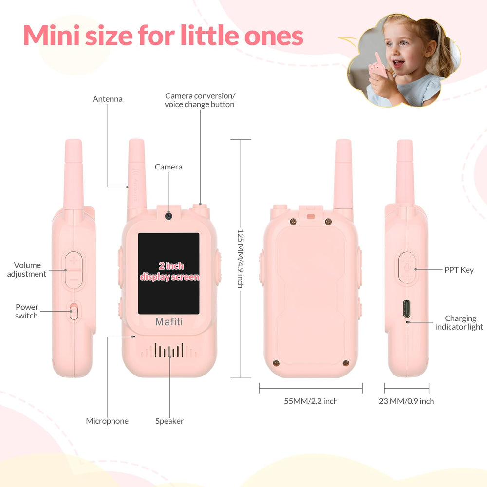 Mafiti kids video walkie talkies with 2.0-inch IPS screen for clear viewing.