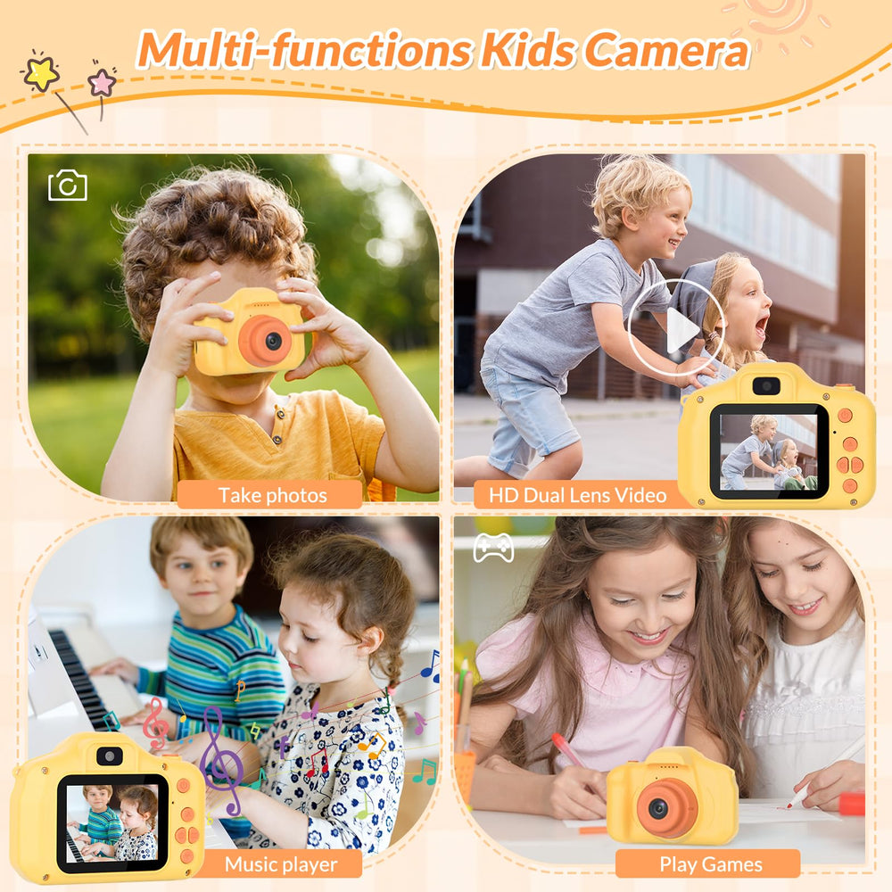Mafiti Kids Camera orange side view emphasizes portable, hand-held fun.