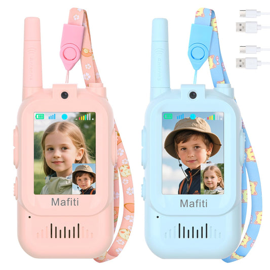 Mafiti mini video walkie talkies front view in blue and pink for clear kid communication.