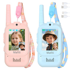 Mafiti mini video walkie talkies front view in blue and pink for clear kid communication.