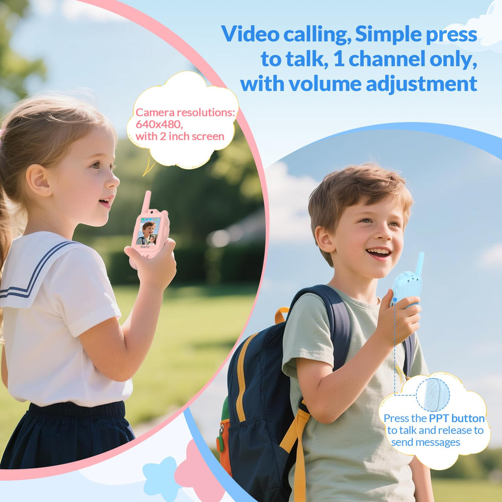 Mafiti mini walkie talkies blue-pink side view for easy grip.