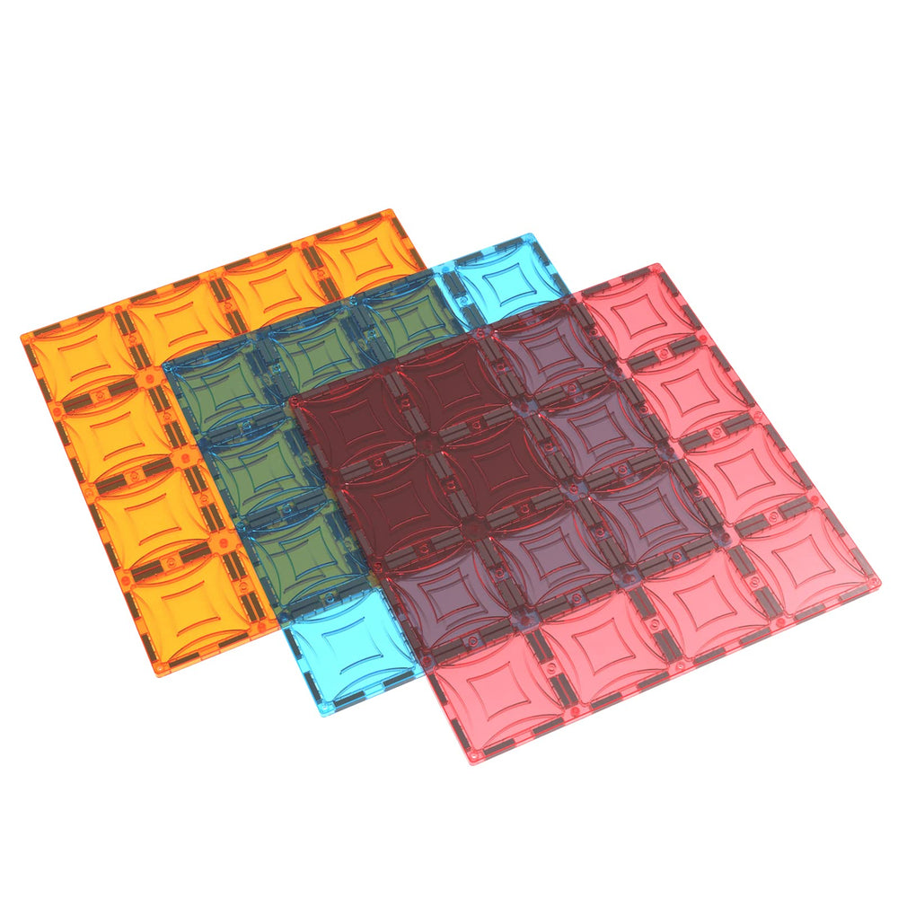 Mag Genius stabilizer plates in three colors help keep models steady during play.