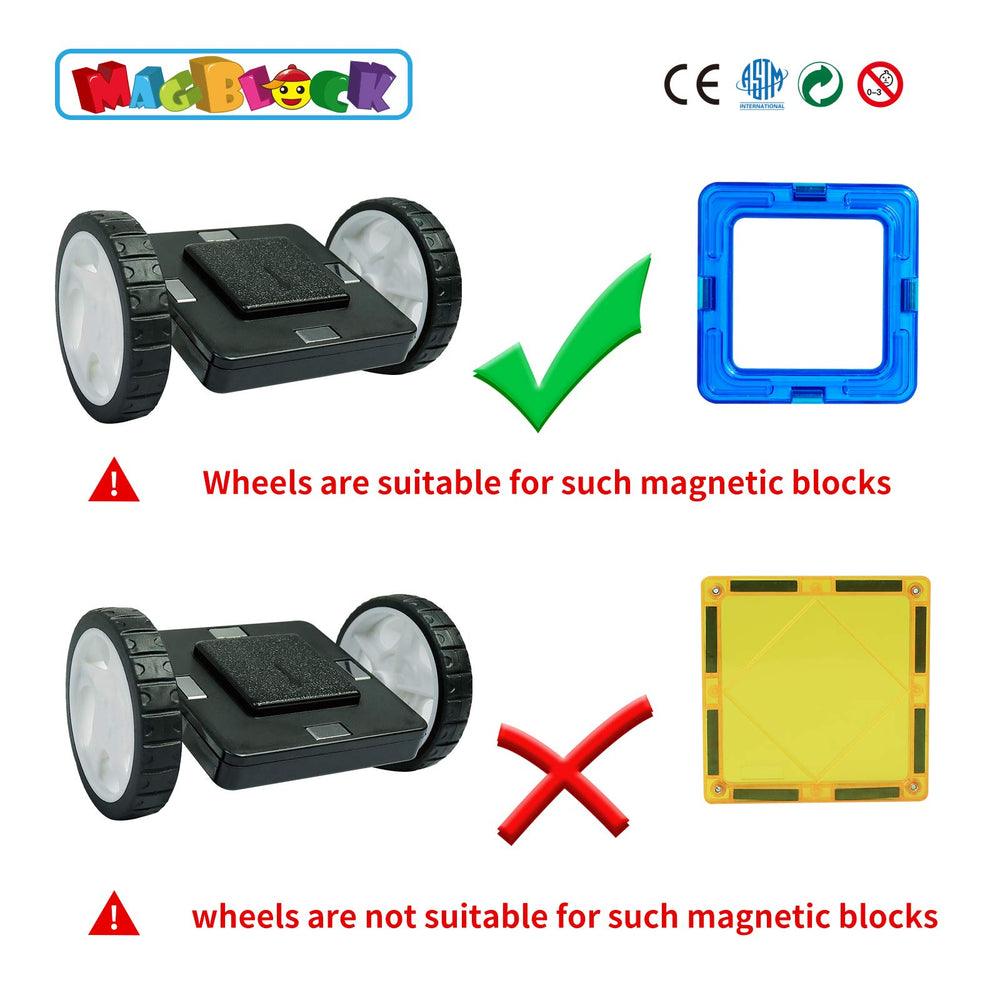 MAGBLOCK wheels assembled with hole blocks demonstrating vehicle creation