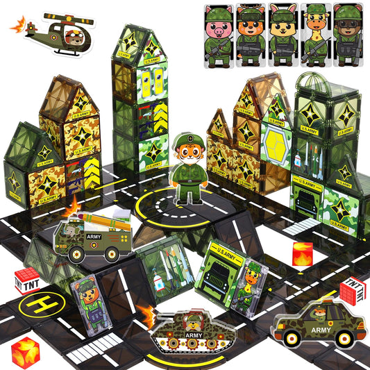 Magbubp military magnetic tiles with toy dolls for imaginative world-building.